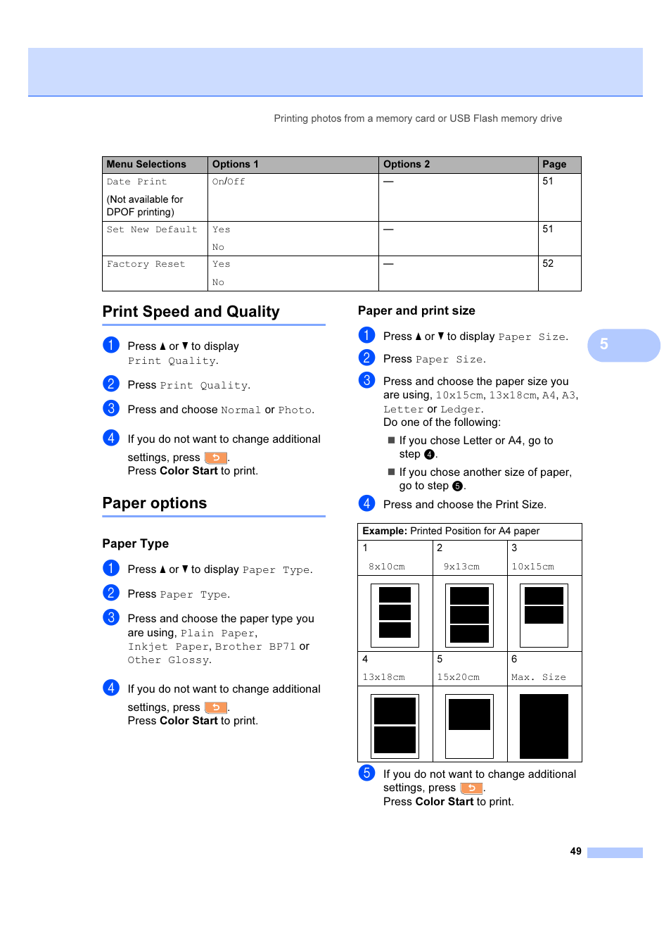 Print speed and quality, Paper options, Paper type | Paper and print size, Print speed and quality paper options, 5print speed and quality | Brother DCP-6690CW User Manual | Page 55 / 134