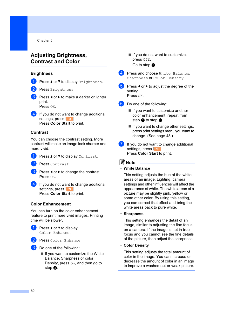 Adjusting brightness, contrast and color, Brightness, Contrast | Color enhancement | Brother DCP-6690CW User Manual | Page 56 / 134