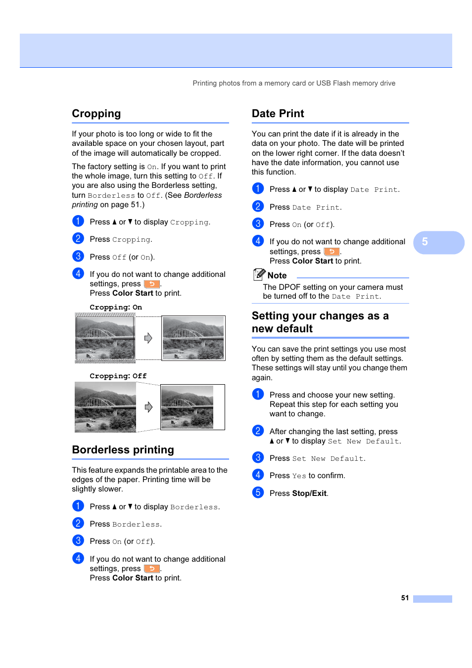 Cropping, Borderless printing, Date print | Setting your changes as a new default, 5cropping | Brother DCP-6690CW User Manual | Page 57 / 134