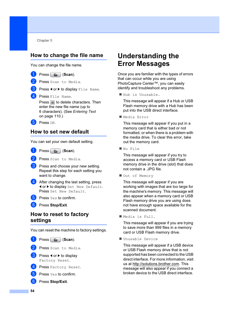 How to change the file name, How to set new default, How to reset to factory settings | Understanding the error messages | Brother DCP-6690CW User Manual | Page 60 / 134