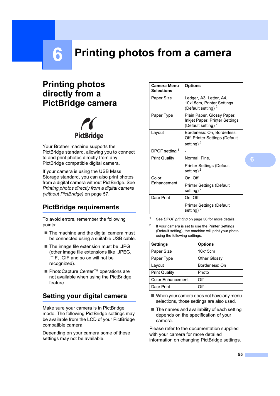 6 printing photos from a camera, Printing photos directly from a pictbridge camera, Pictbridge requirements | Setting your digital camera, Printing photos from a camera | Brother DCP-6690CW User Manual | Page 61 / 134
