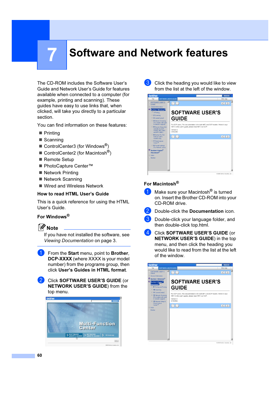 7 software and network features, Software and network features | Brother DCP-6690CW User Manual | Page 66 / 134