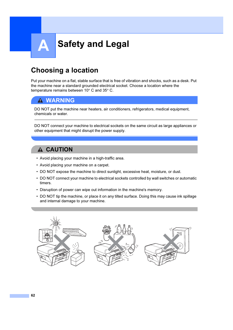 A safety and legal, Choosing a location, Safety and legal | Warning, Caution | Brother DCP-6690CW User Manual | Page 68 / 134