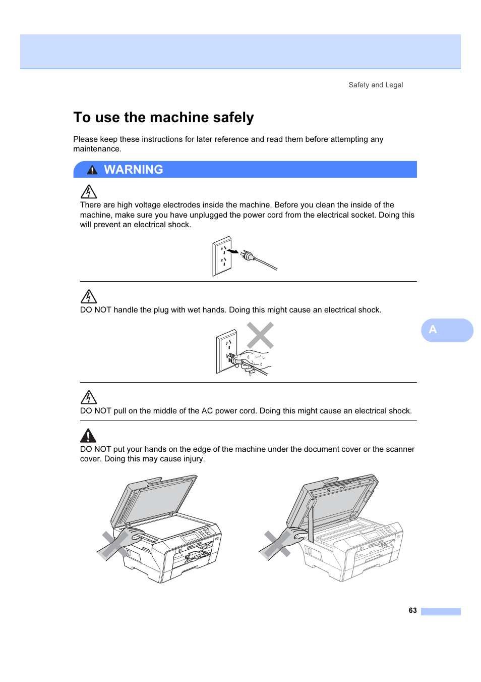 To use the machine safely, Warning, Safety and legal 63 | Brother DCP-6690CW User Manual | Page 69 / 134