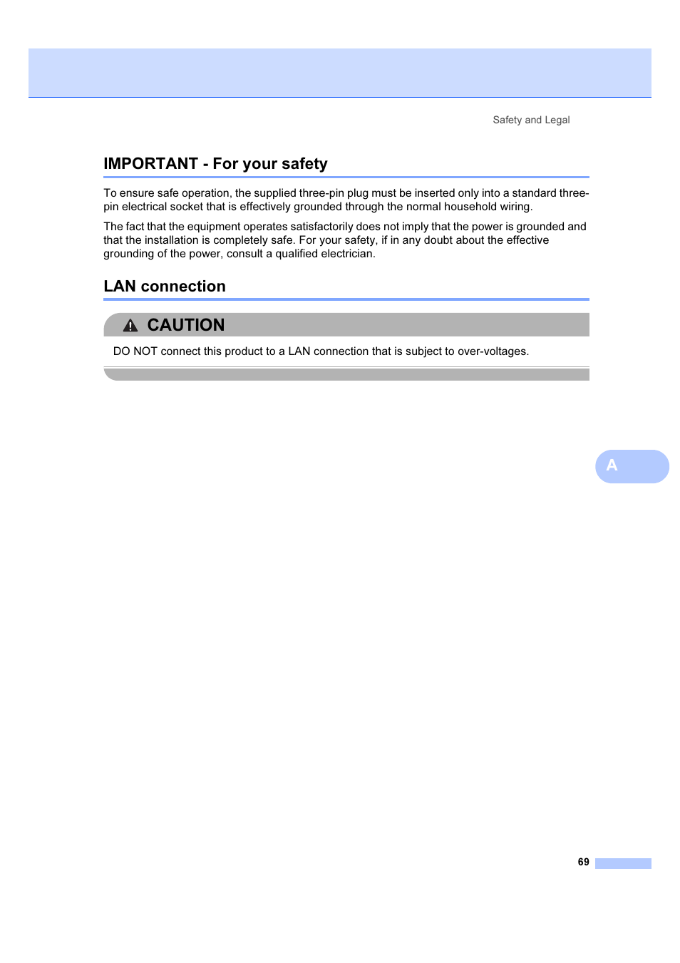 Important - for your safety, Lan connection, Important - for your safety lan connection | Caution, Aimportant - for your safety | Brother DCP-6690CW User Manual | Page 75 / 134