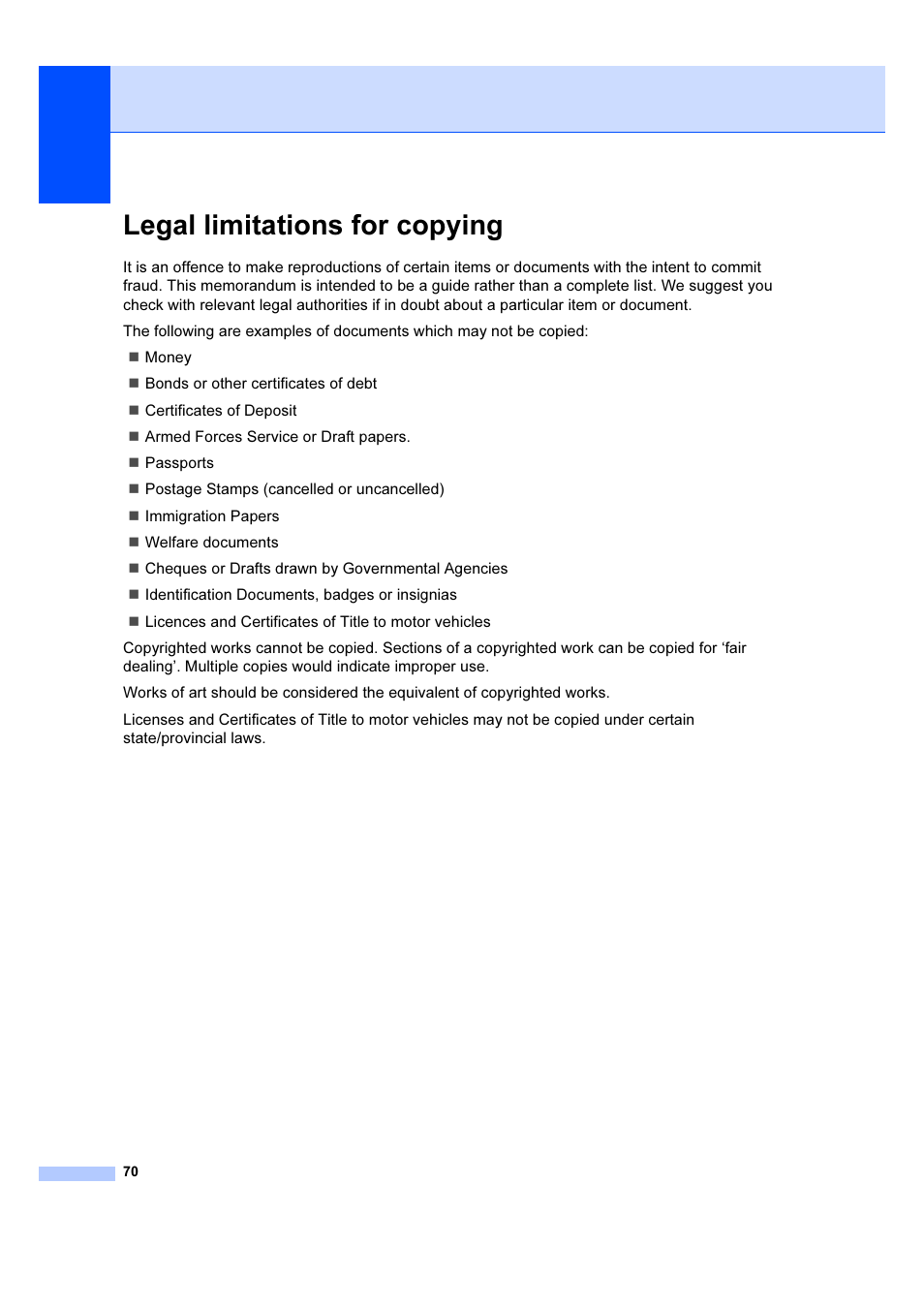 Legal limitations for copying | Brother DCP-6690CW User Manual | Page 76 / 134