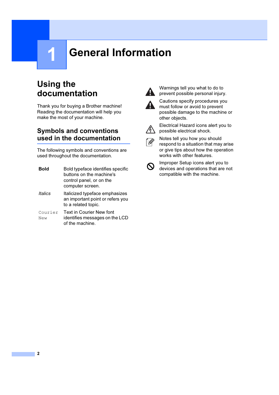 1 general information, Using the documentation, Symbols and conventions used in the documentation | General information | Brother DCP-6690CW User Manual | Page 8 / 134
