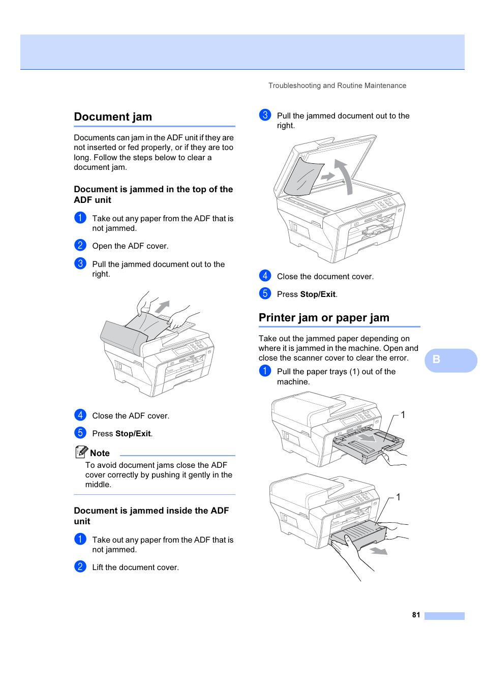 Document jam, Document is jammed in the top of the adf unit, Document is jammed inside the adf unit | Printer jam or paper jam, Document jam printer jam or paper jam, Bdocument jam | Brother DCP-6690CW User Manual | Page 87 / 134