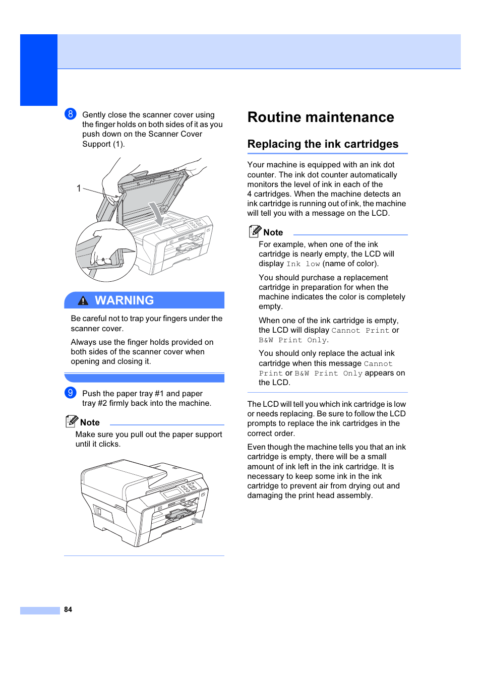Routine maintenance, Replacing the ink cartridges, See replacing the ink | Warning | Brother DCP-6690CW User Manual | Page 90 / 134