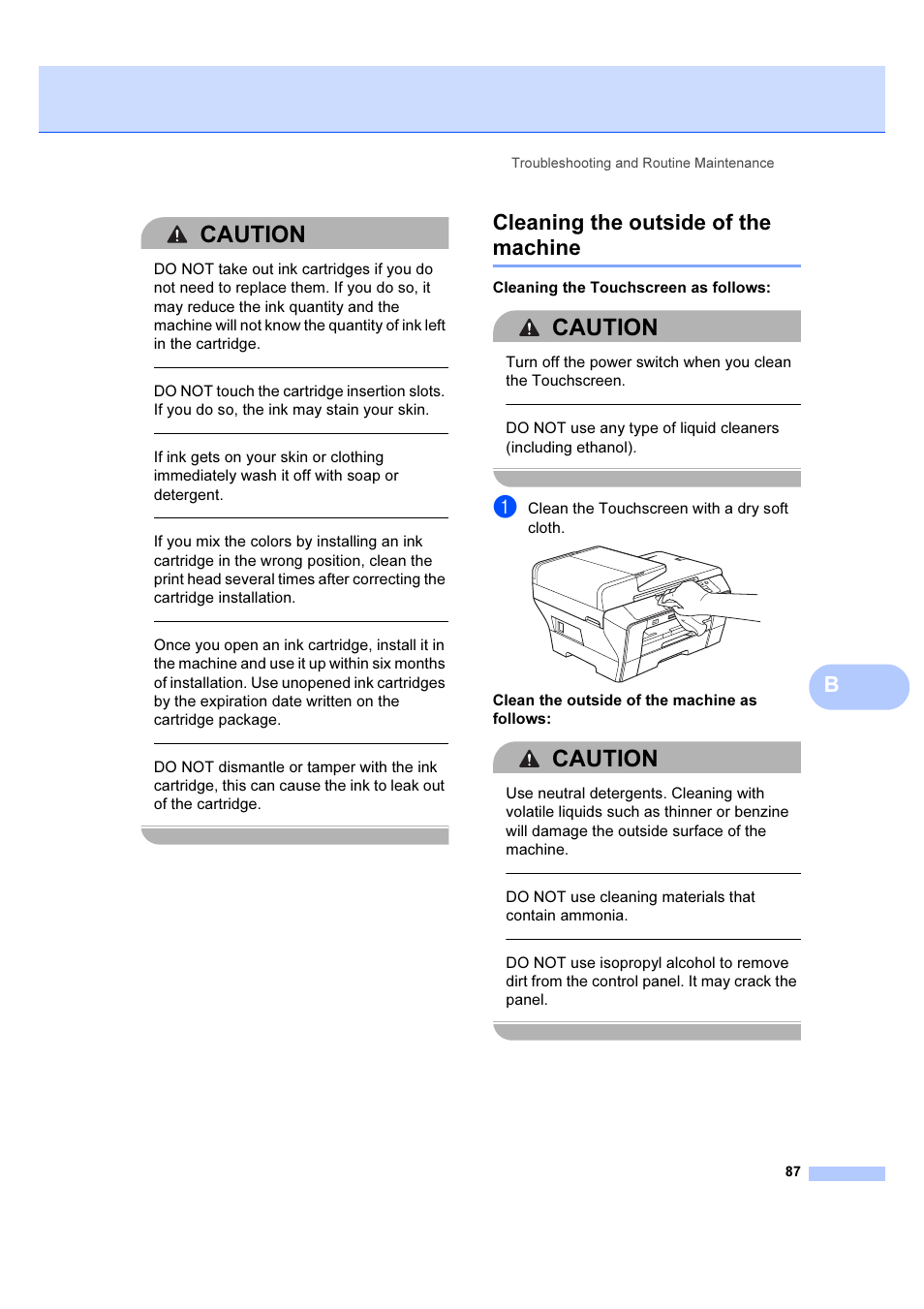 Cleaning the outside of the machine, Caution, Cleaning the touchscreen as follows | Clean the touchscreen with a dry soft cloth, Clean the outside of the machine as follows, Do not use cleaning materials that contain ammonia, Troubleshooting and routine maintenance 87 | Brother DCP-6690CW User Manual | Page 93 / 134
