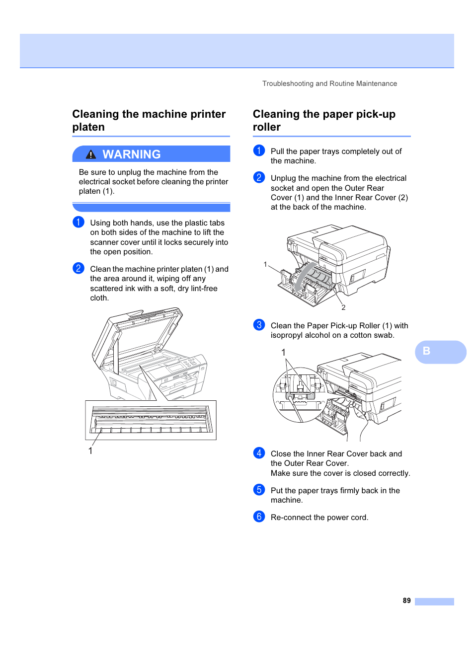 Cleaning the machine printer platen, Cleaning the paper pick-up roller, Warning | Bcleaning the machine printer platen | Brother DCP-6690CW User Manual | Page 95 / 134