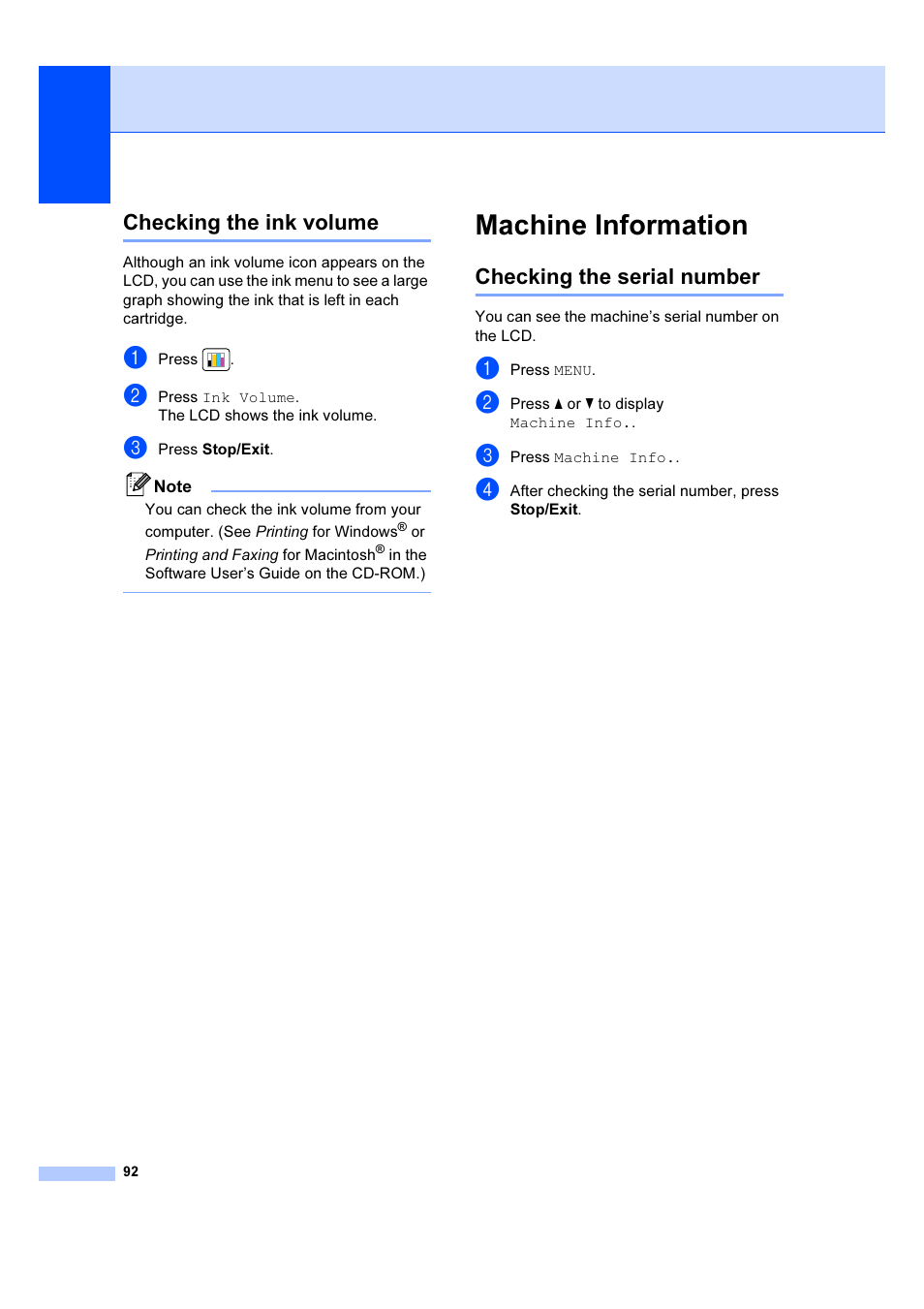 Checking the ink volume, Machine information, Checking the serial number | Brother DCP-6690CW User Manual | Page 98 / 134