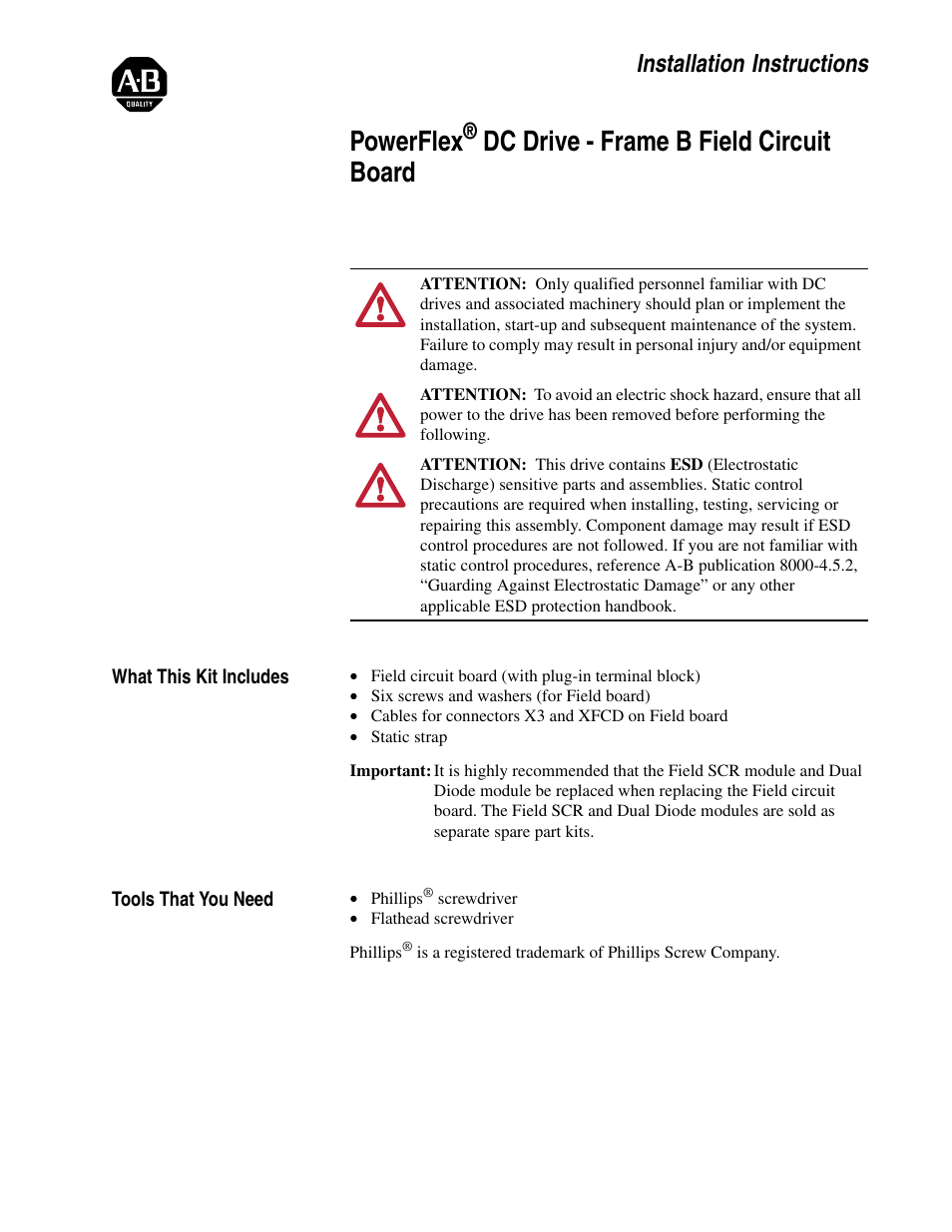 Rockwell Automation 20P PowerFlex DC Drive - Frame B Field Circuit Board User Manual | 16 pages