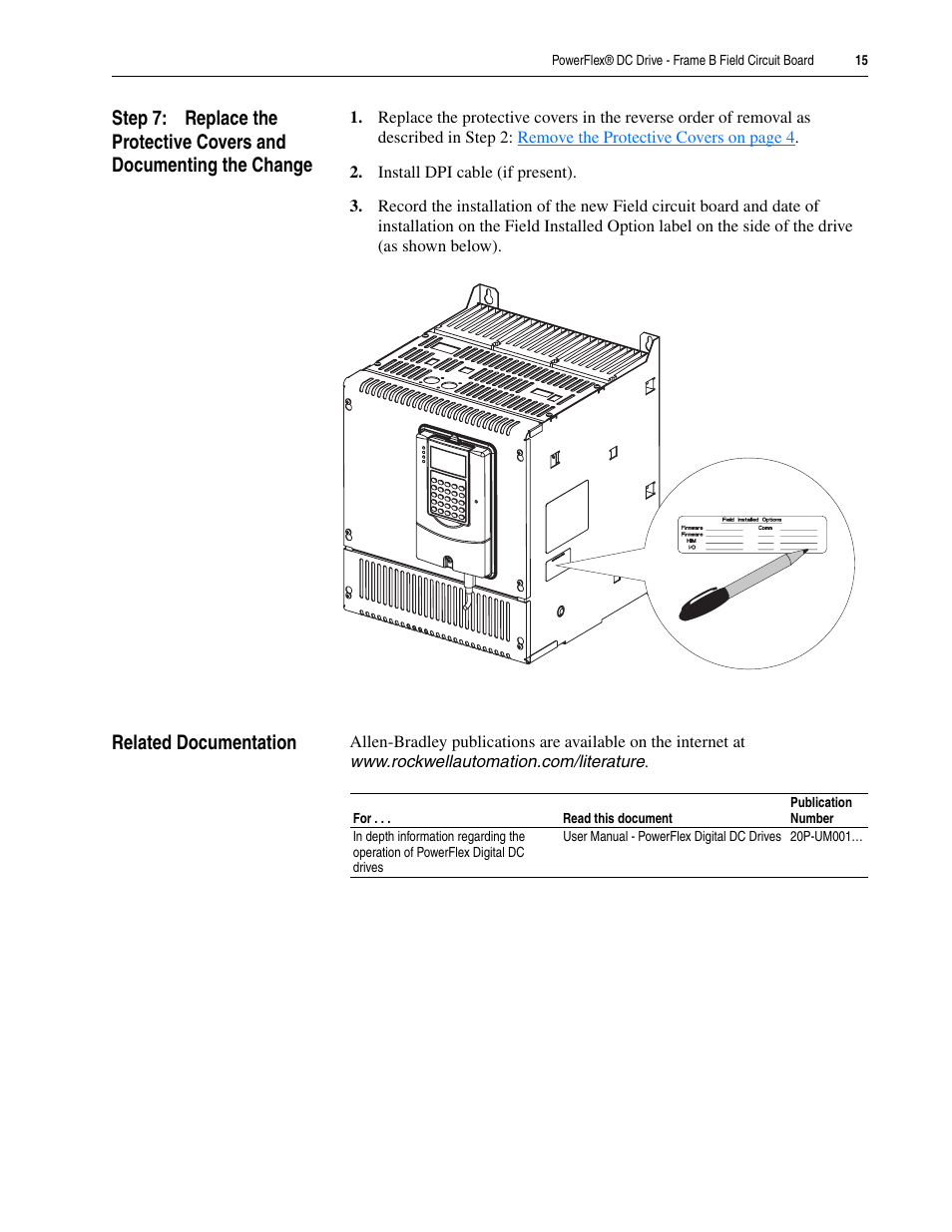 Related documentation | Rockwell Automation 20P PowerFlex DC Drive - Frame B Field Circuit Board User Manual | Page 15 / 16