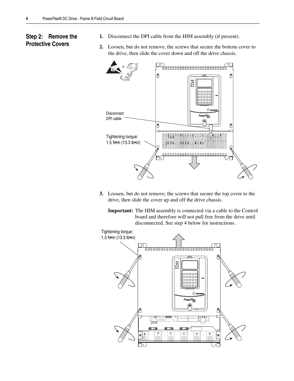 Step 2: remove the protective covers | Rockwell Automation 20P PowerFlex DC Drive - Frame B Field Circuit Board User Manual | Page 4 / 16