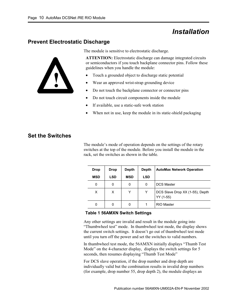 Installation, Prevent electrostatic discharge, Set the switches | Installation 10 | Rockwell Automation 56AMXN/B ControlLogix AutoMax Comm Module User Manual | Page 10 / 72