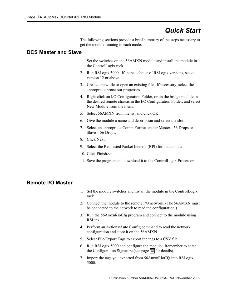Quick start, Dcs master and slave, Remote i/o master | Rockwell Automation 56AMXN/B ControlLogix AutoMax Comm Module User Manual | Page 14 / 72