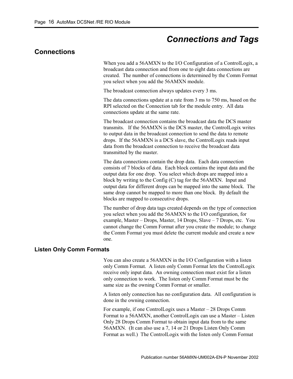 Connections and tags, Connections, Listen only comm formats | Connections 16 | Rockwell Automation 56AMXN/B ControlLogix AutoMax Comm Module User Manual | Page 16 / 72