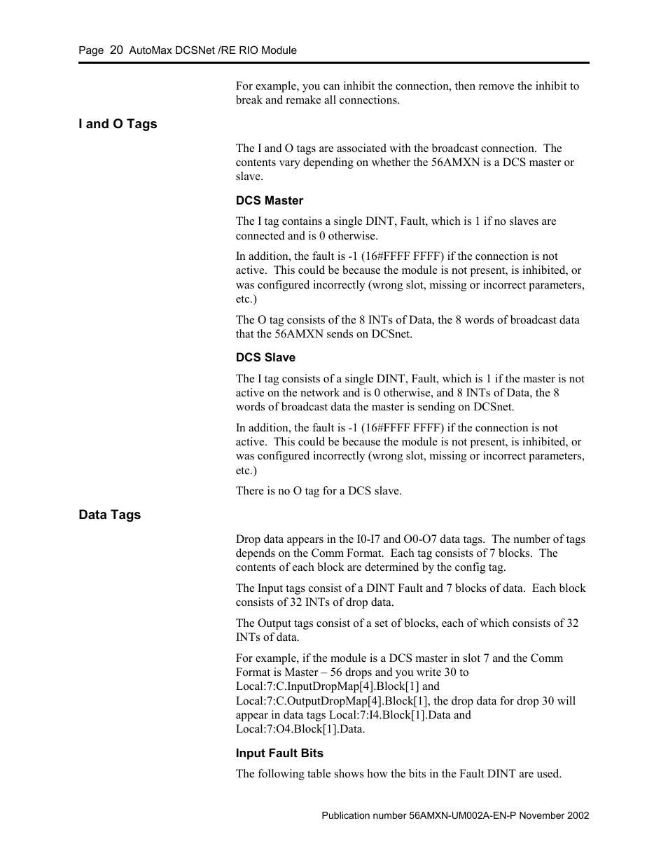 I and o tags, Data tags | Rockwell Automation 56AMXN/B ControlLogix AutoMax Comm Module User Manual | Page 20 / 72