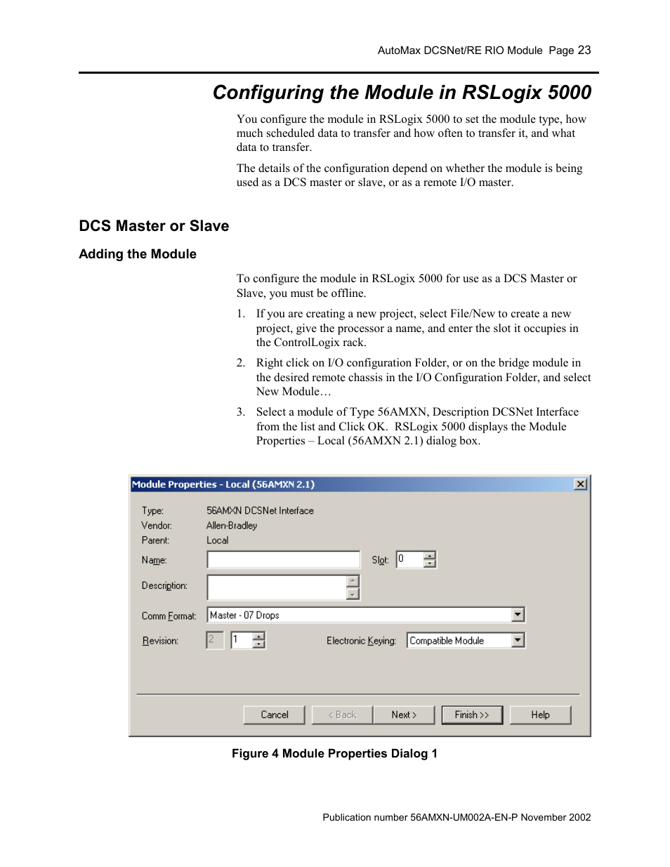 Configuring the module in rslogix 5000, Dcs master or slave, Adding the module | Rockwell Automation 56AMXN/B ControlLogix AutoMax Comm Module User Manual | Page 23 / 72