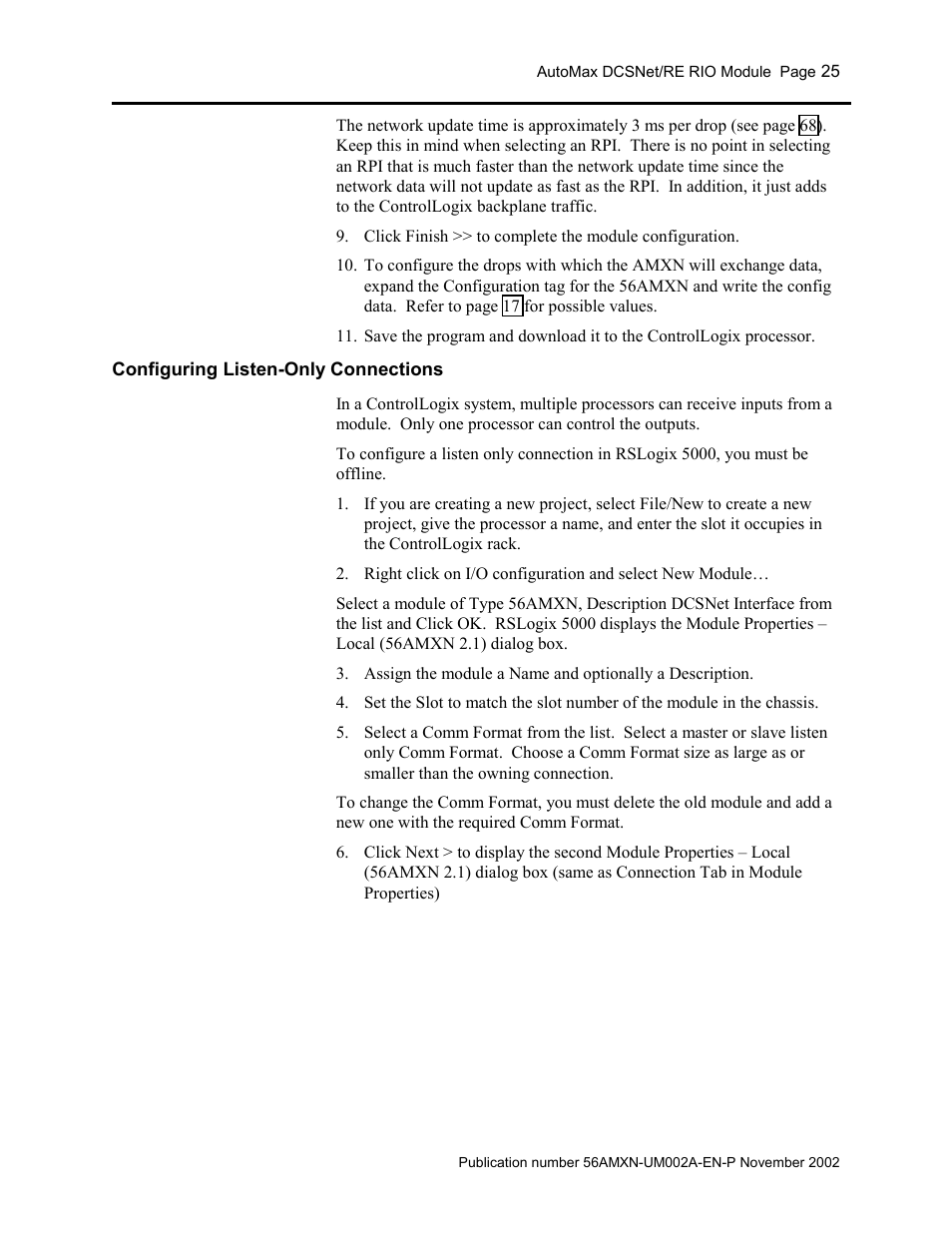 Configuring listen-only connections | Rockwell Automation 56AMXN/B ControlLogix AutoMax Comm Module User Manual | Page 25 / 72