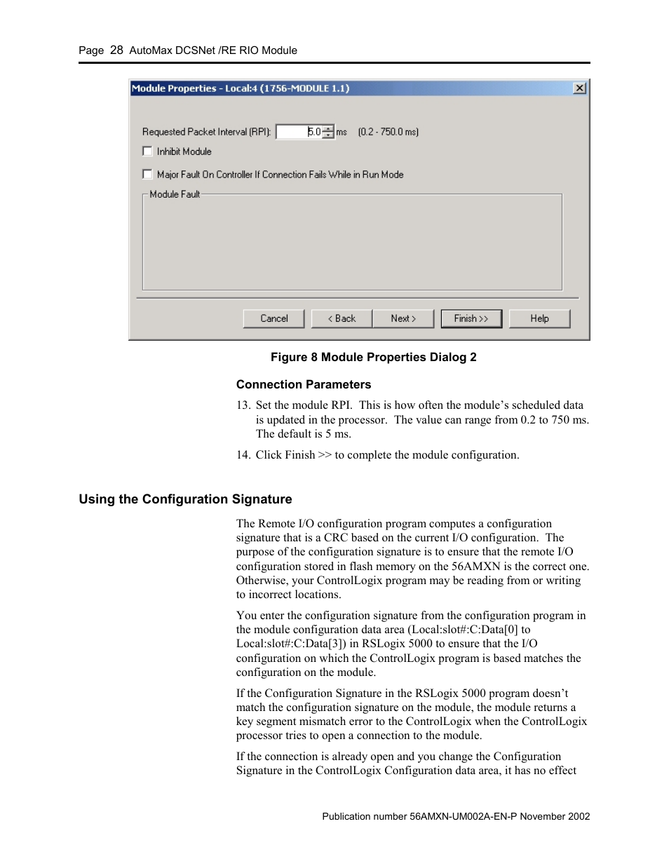 Connection parameters, Using the configuration signature | Rockwell Automation 56AMXN/B ControlLogix AutoMax Comm Module User Manual | Page 28 / 72