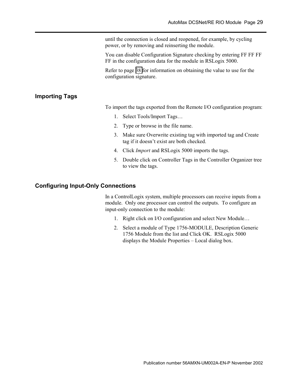 Importing tags, Configuring input-only connections | Rockwell Automation 56AMXN/B ControlLogix AutoMax Comm Module User Manual | Page 29 / 72