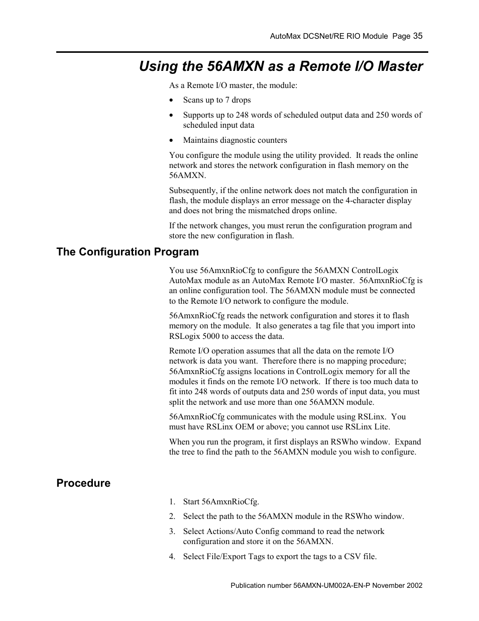 Using the 56amxn as a remote i/o master, The configuration program, Procedure | Rockwell Automation 56AMXN/B ControlLogix AutoMax Comm Module User Manual | Page 35 / 72