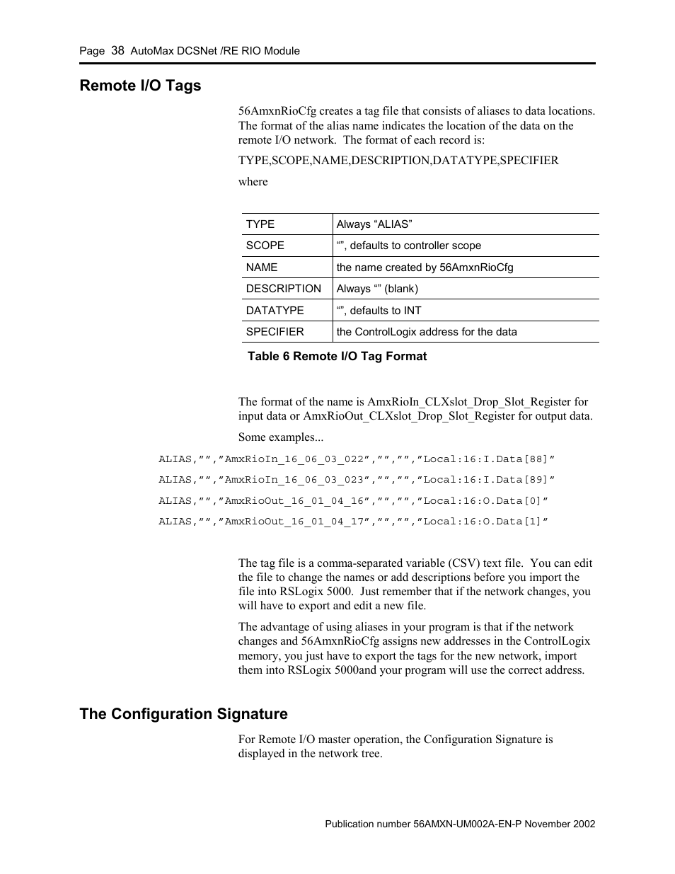 Remote i/o tags, The configuration signature | Rockwell Automation 56AMXN/B ControlLogix AutoMax Comm Module User Manual | Page 38 / 72