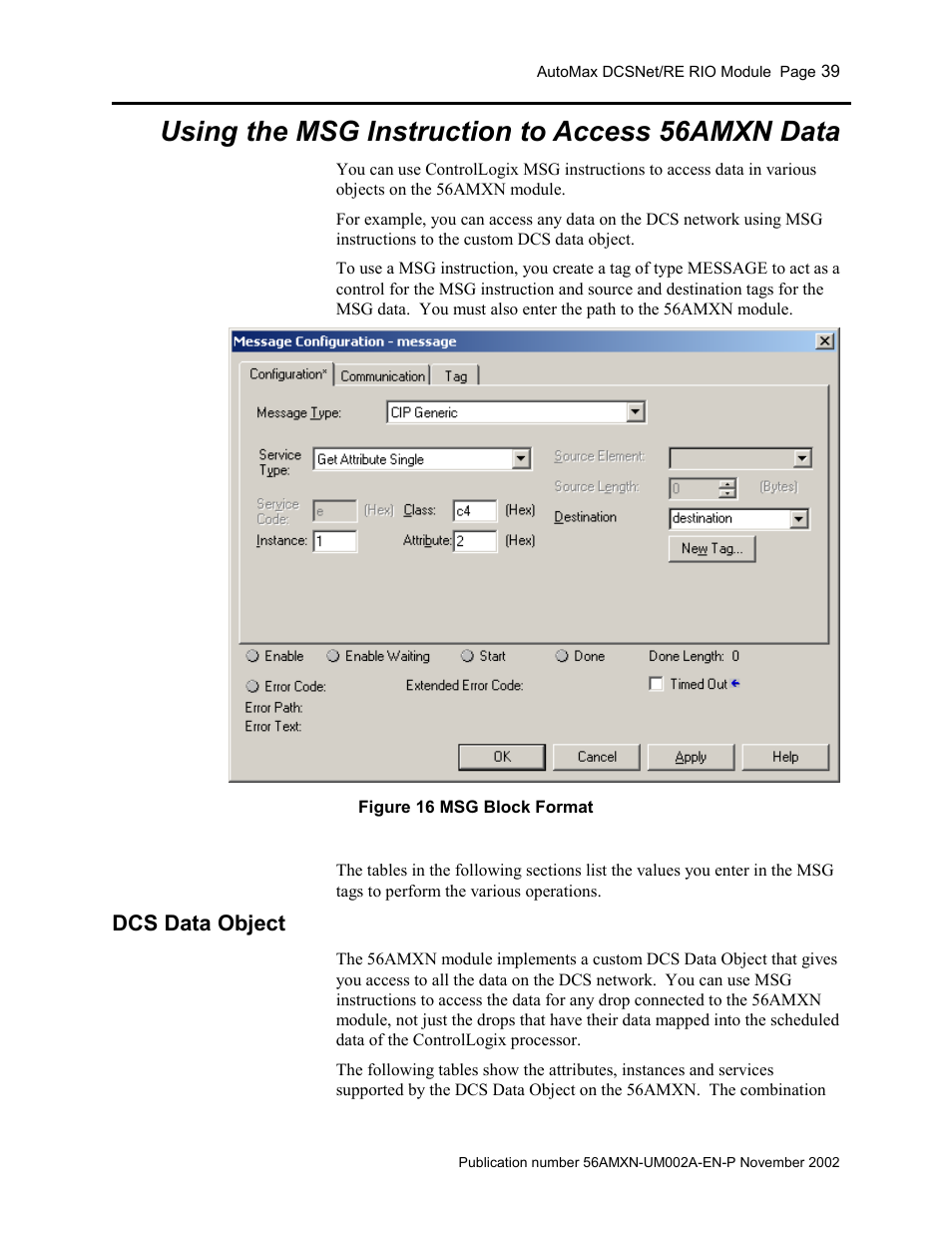 Using the msg instruction to access 56amxn data, Dcs data object | Rockwell Automation 56AMXN/B ControlLogix AutoMax Comm Module User Manual | Page 39 / 72