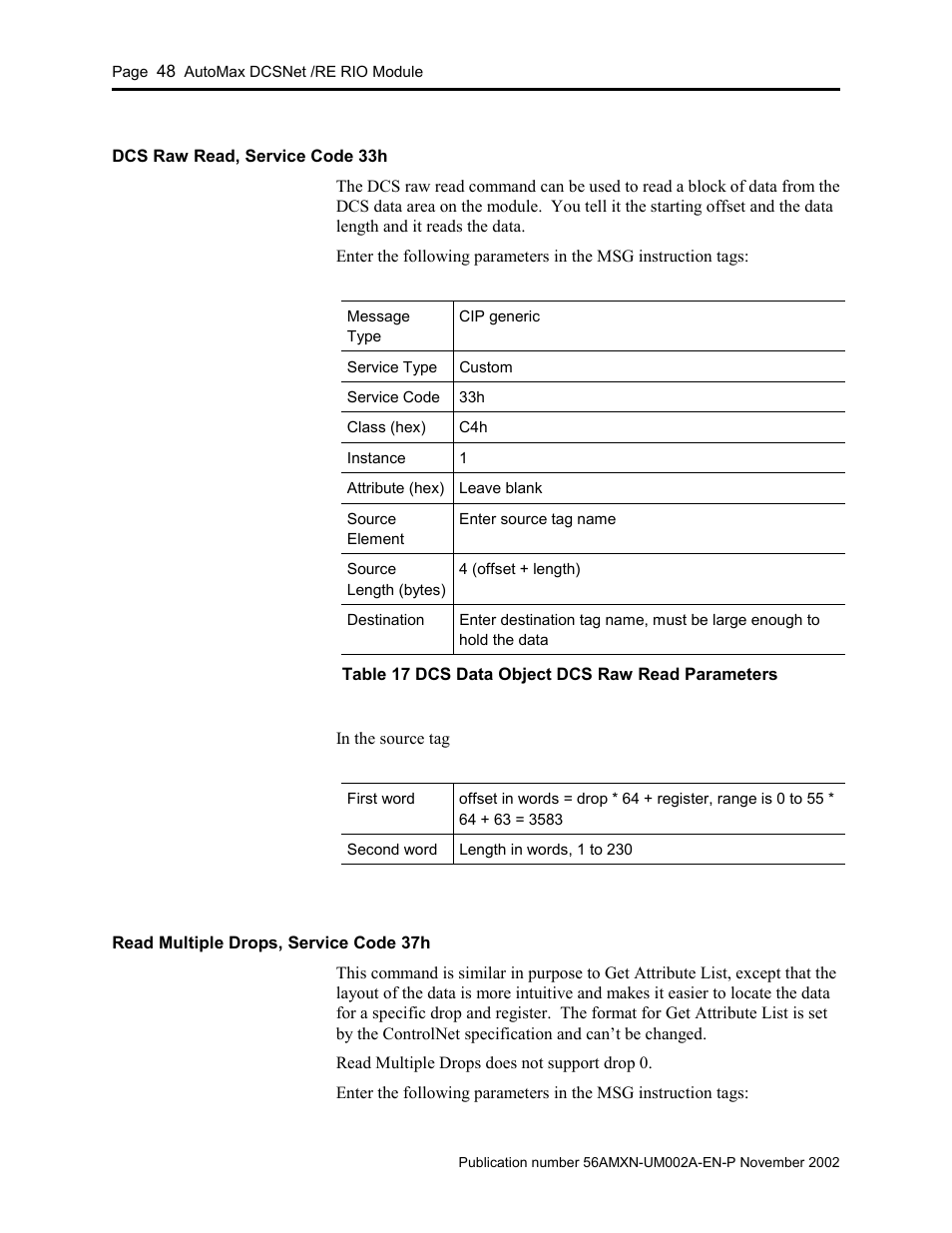 Dcs raw read, service code 33h, Read multiple drops, service code 37h | Rockwell Automation 56AMXN/B ControlLogix AutoMax Comm Module User Manual | Page 48 / 72