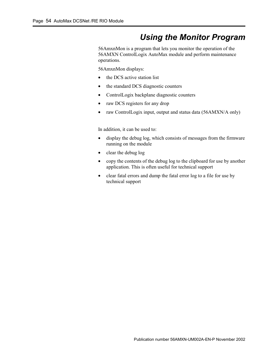 Using the monitor program | Rockwell Automation 56AMXN/B ControlLogix AutoMax Comm Module User Manual | Page 54 / 72