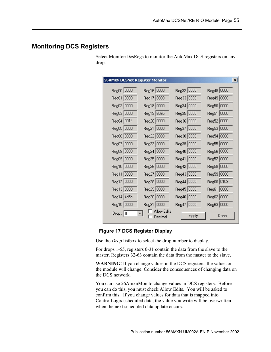Monitoring dcs registers | Rockwell Automation 56AMXN/B ControlLogix AutoMax Comm Module User Manual | Page 55 / 72