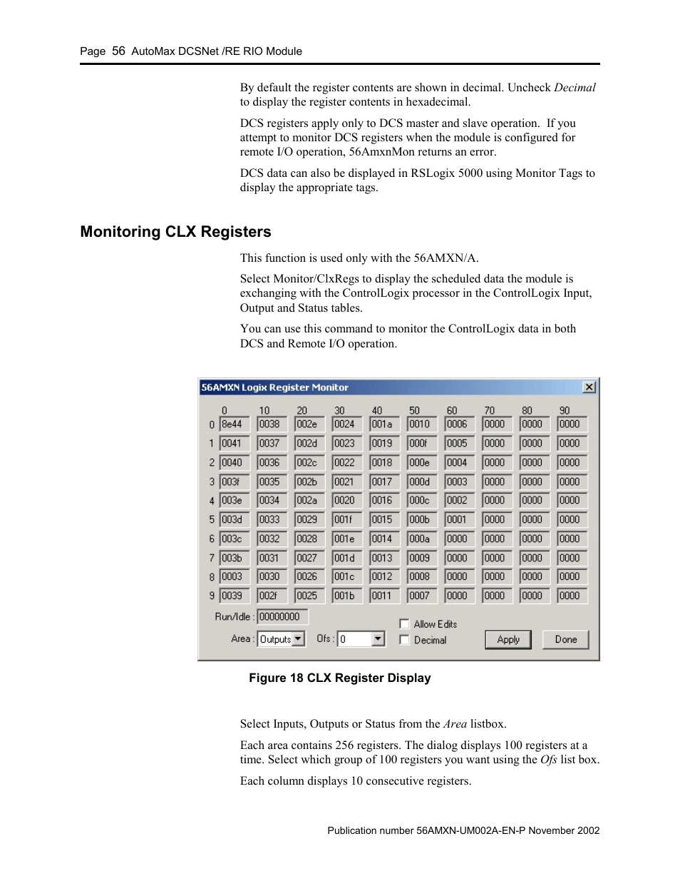 Monitoring clx registers | Rockwell Automation 56AMXN/B ControlLogix AutoMax Comm Module User Manual | Page 56 / 72