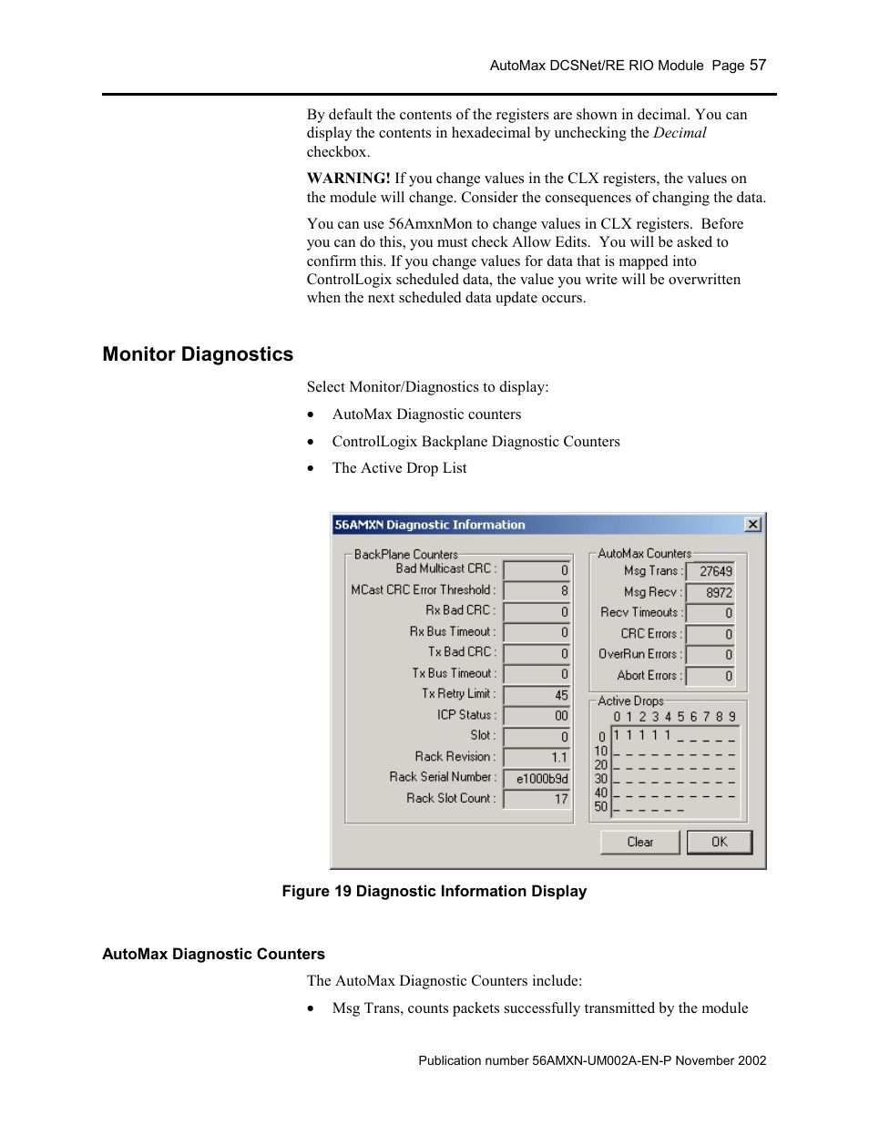 Monitor diagnostics, Automax diagnostic counters | Rockwell Automation 56AMXN/B ControlLogix AutoMax Comm Module User Manual | Page 57 / 72