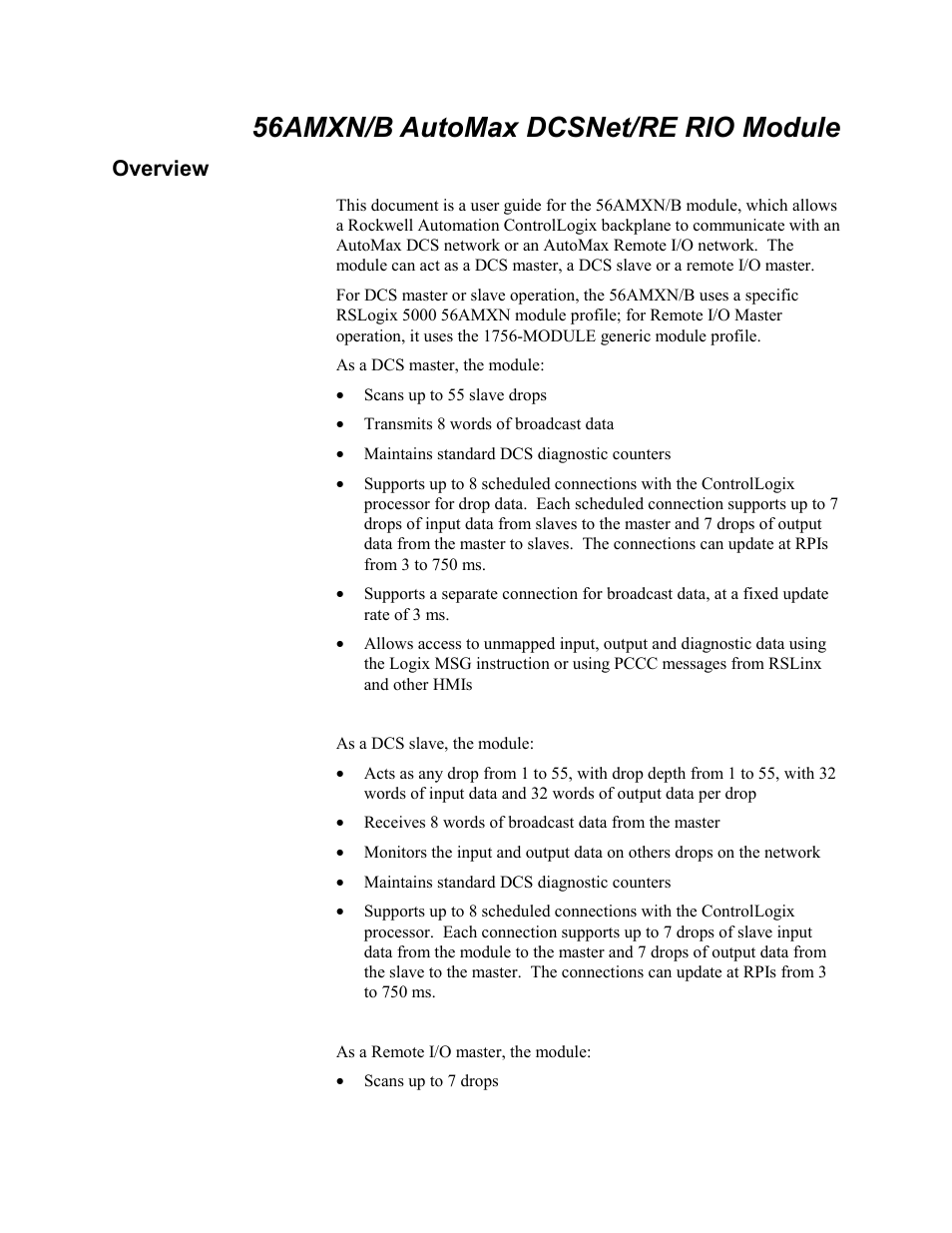 56amxn/b automax dcsnet/re rio module, Overview | Rockwell Automation 56AMXN/B ControlLogix AutoMax Comm Module User Manual | Page 6 / 72