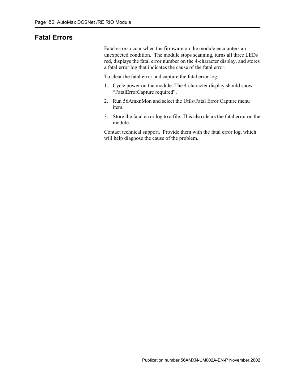 Fatal errors | Rockwell Automation 56AMXN/B ControlLogix AutoMax Comm Module User Manual | Page 60 / 72