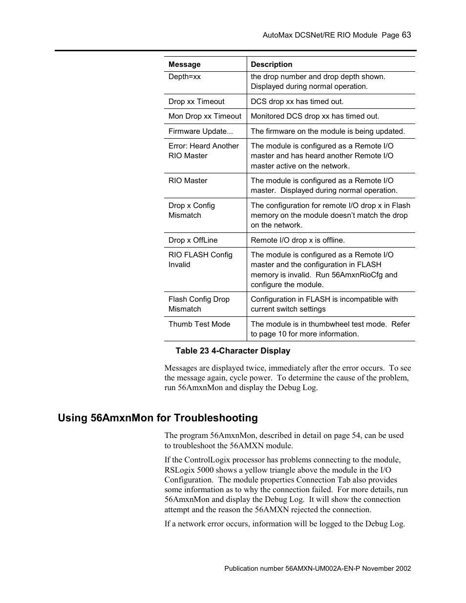 Using 56amxnmon for troubleshooting | Rockwell Automation 56AMXN/B ControlLogix AutoMax Comm Module User Manual | Page 63 / 72