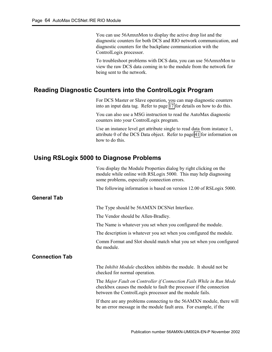 Using rslogix 5000 to diagnose problems, General tab, Connection tab | Rockwell Automation 56AMXN/B ControlLogix AutoMax Comm Module User Manual | Page 64 / 72