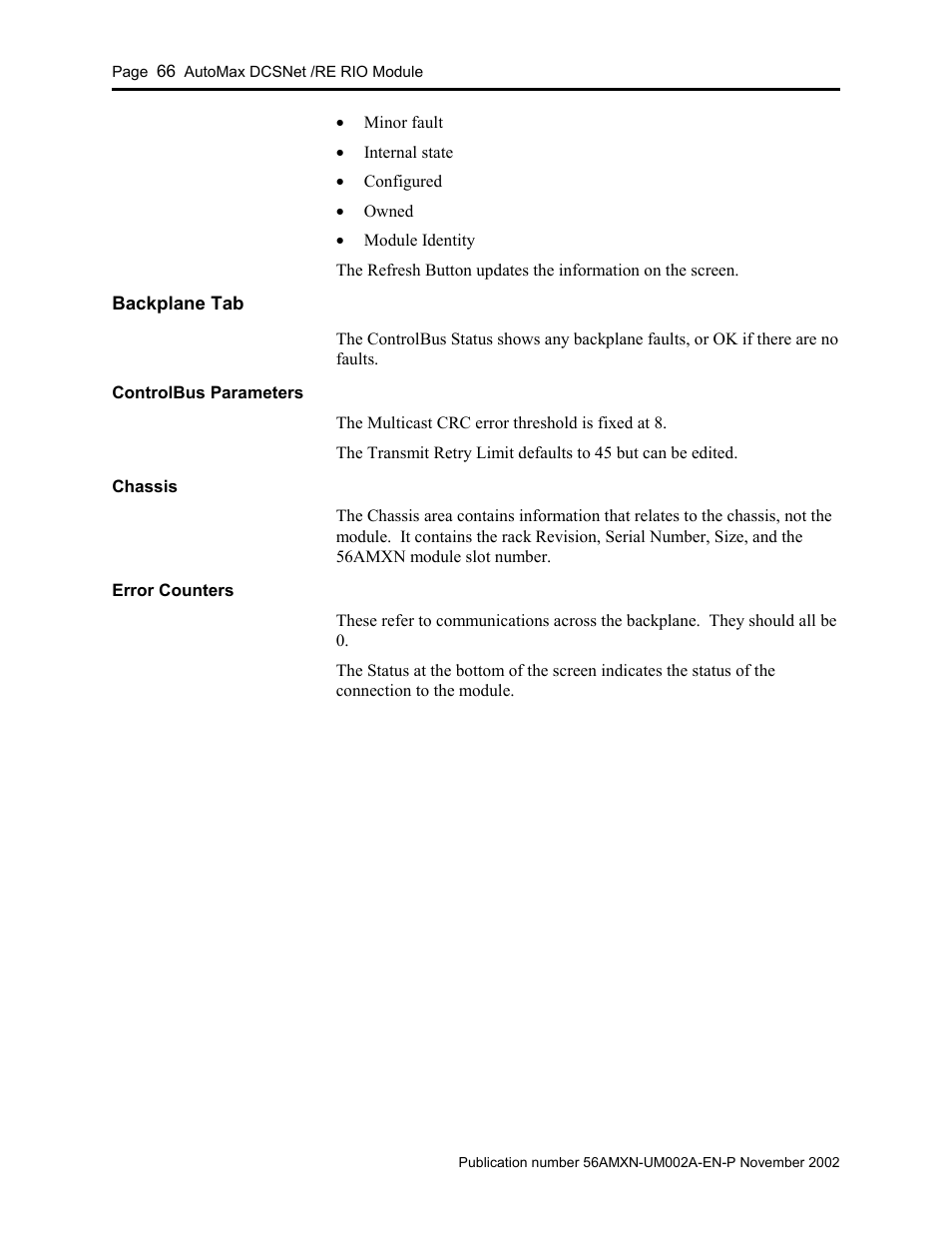 Backplane tab, Controlbus parameters, Chassis | Error counters | Rockwell Automation 56AMXN/B ControlLogix AutoMax Comm Module User Manual | Page 66 / 72