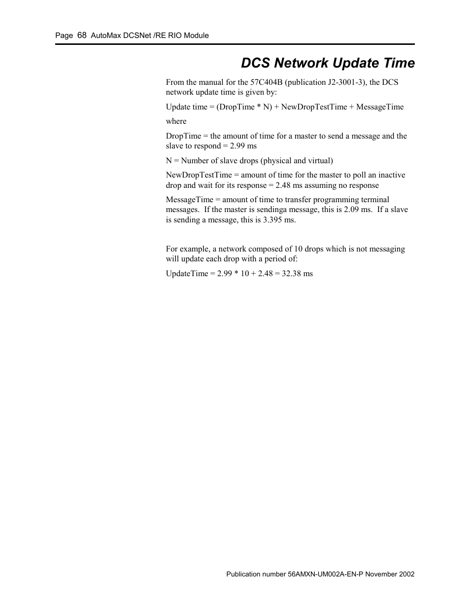 Dcs network update time | Rockwell Automation 56AMXN/B ControlLogix AutoMax Comm Module User Manual | Page 68 / 72