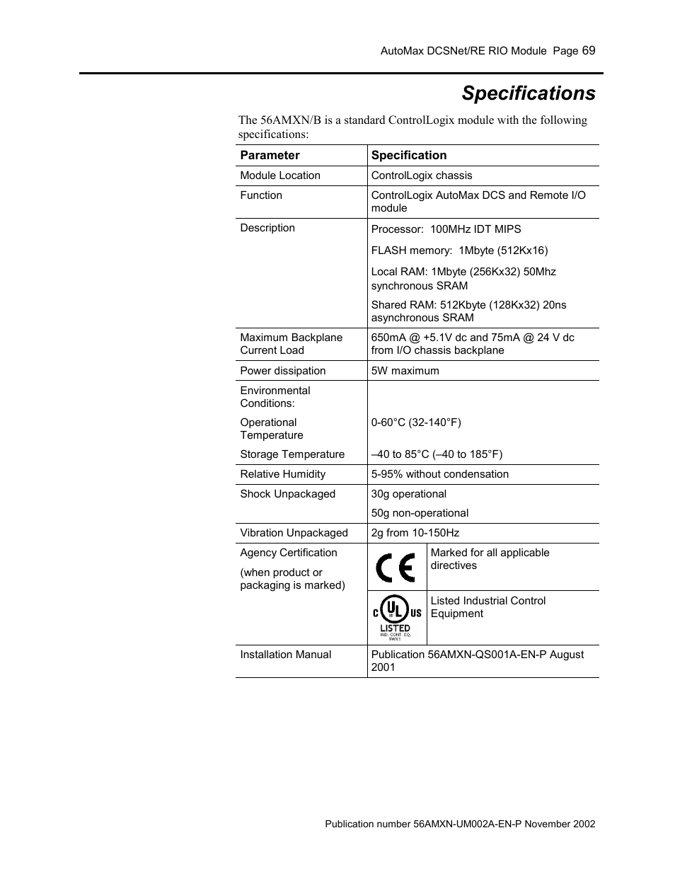 Specifications, Specifications 69 | Rockwell Automation 56AMXN/B ControlLogix AutoMax Comm Module User Manual | Page 69 / 72