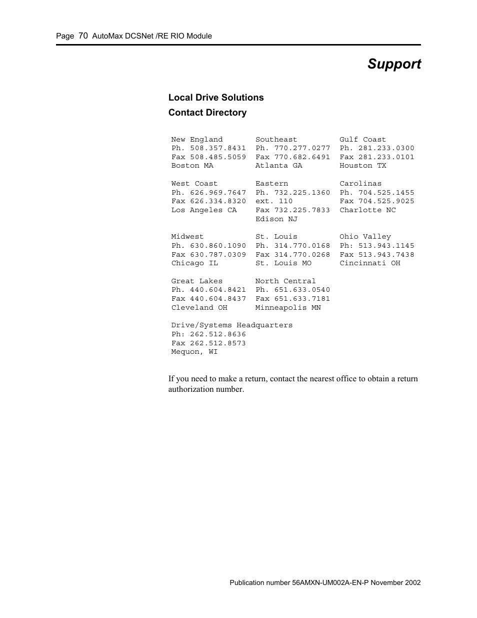 Support, Support 70 | Rockwell Automation 56AMXN/B ControlLogix AutoMax Comm Module User Manual | Page 70 / 72