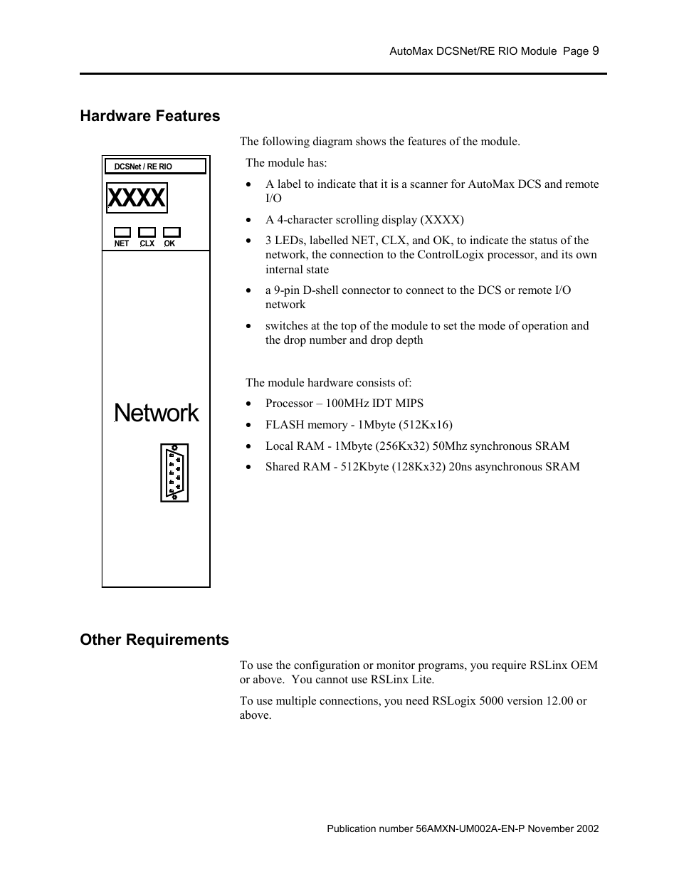 Hardware features, Other requirements | Rockwell Automation 56AMXN/B ControlLogix AutoMax Comm Module User Manual | Page 9 / 72
