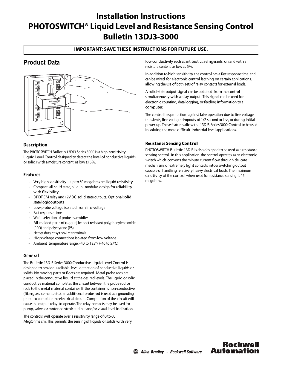 Rockwell Automation 13DJ3 Liquid Level Controls User Manual | 16 pages