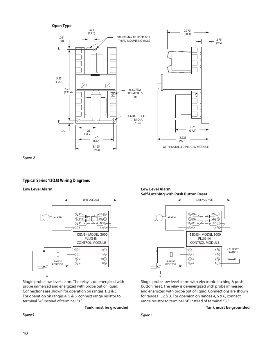 Typical series 13dj3 wiring diagrams, Open type, Low level alarm | Rockwell Automation 13DJ3 Liquid Level Controls User Manual | Page 10 / 16
