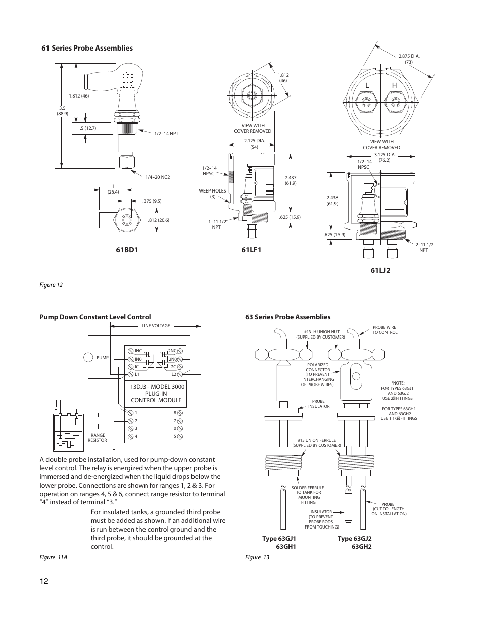 61 series probe assemblies, 61bd1, 61lj2 | 61lf1, Pump down constant level control, 63 series probe assemblies | Rockwell Automation 13DJ3 Liquid Level Controls User Manual | Page 12 / 16