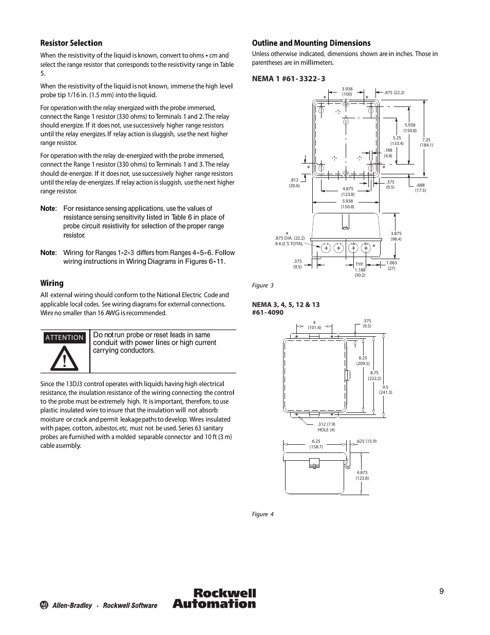 Resistor selection, Wiring, Outline and mounting dimensions | Rockwell Automation 13DJ3 Liquid Level Controls User Manual | Page 9 / 16