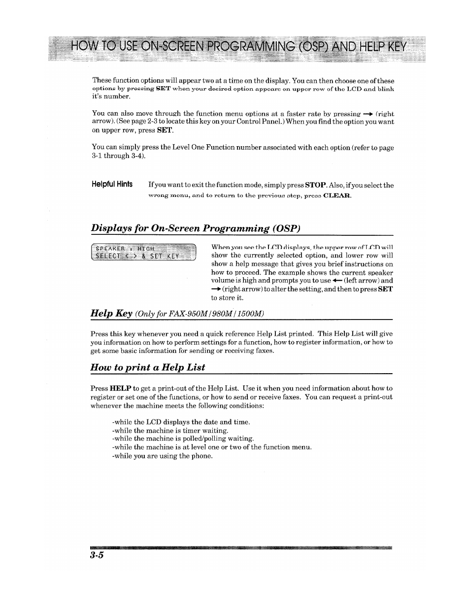 Howto use on-screen programming (osp), On-screen programming (osp) -1, Displays for on-screen programming (osp) | Help key, How to print a help list | Brother INTELLIFAX 900 User Manual | Page 24 / 104