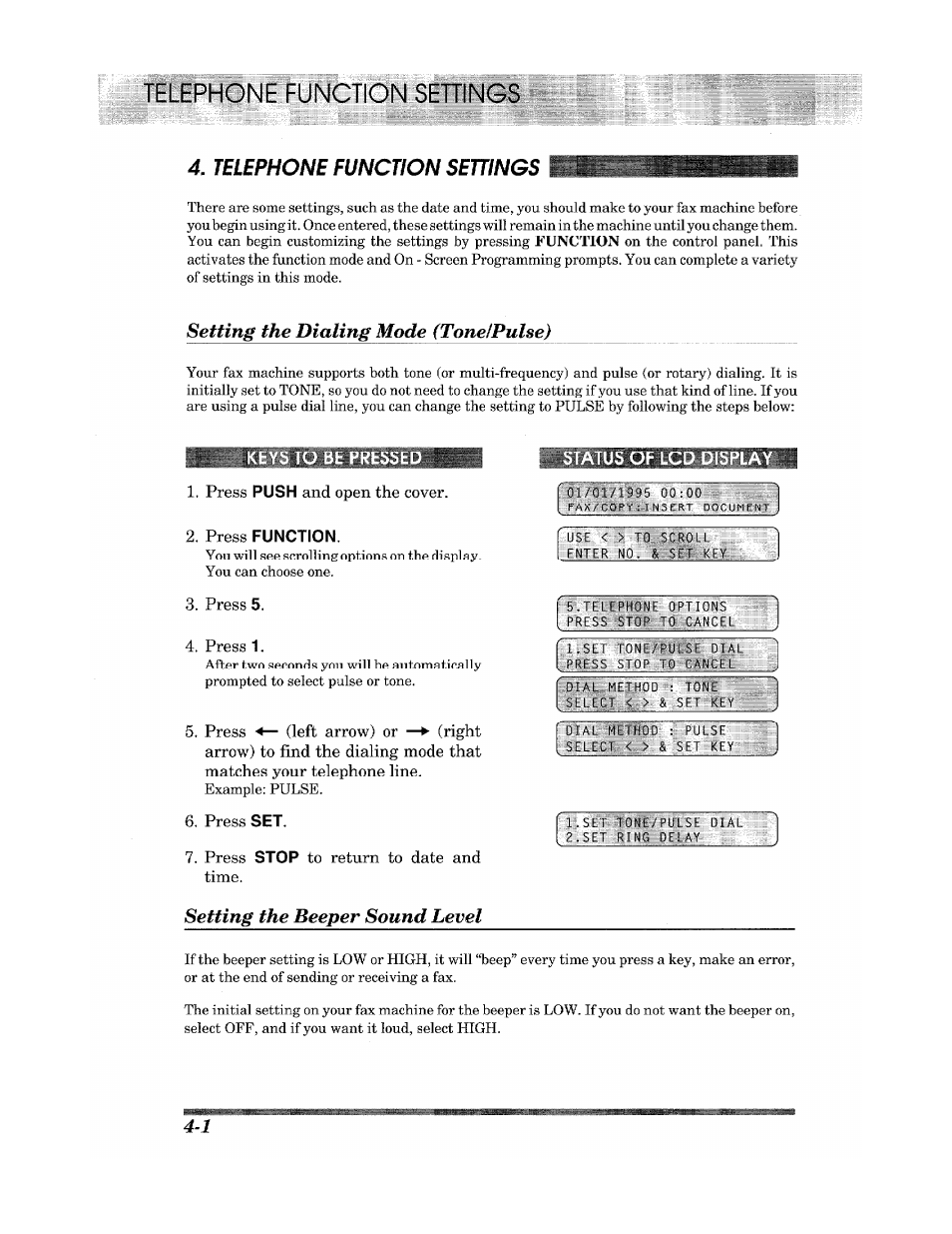 Pill^e function settings, Press function, F lcd | Telephone function settings, Setting the dialing mode (tonelpulse), Setting the beeper sound level f lcd | Brother INTELLIFAX 900 User Manual | Page 28 / 104